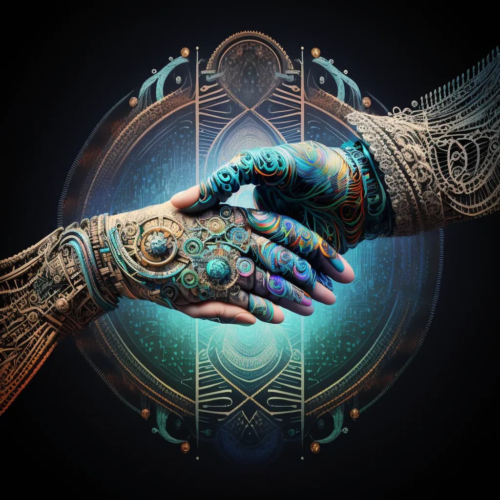 an image that conveys the crucial role of trust in the future of AI, featuring a human hand and a robotic hand shaking, with interwoven digital and organic fibers that form a trust-based bond, set against a backdrop of advanced AI technologies and systems