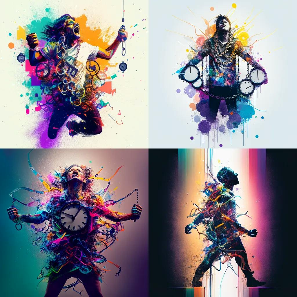 An image that represents the concept of freeing up time and attention for individuals, featuring a person breaking free from chains made of clocks and digital devices, surrounded by a colorful aura of positive energy